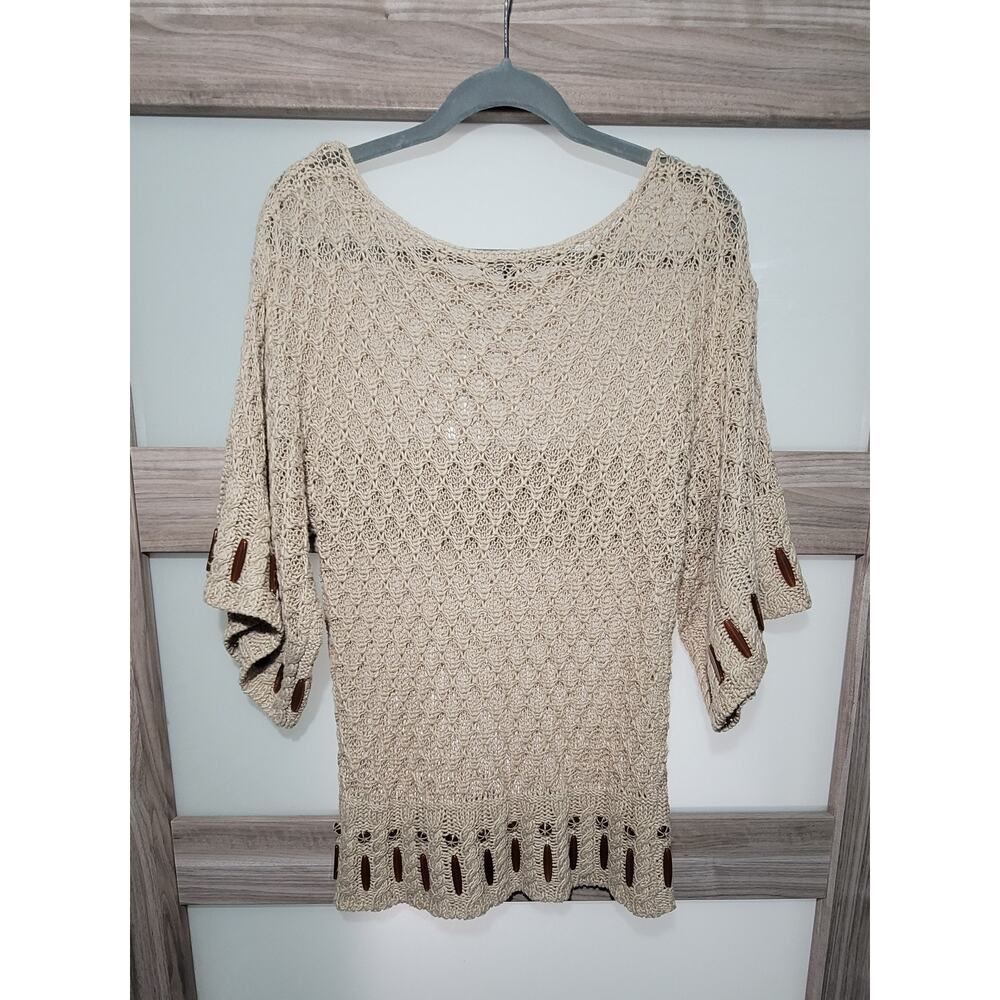 Anne Klein Antwerp Boat Neck Sweater Top-Beaded Crochet Knit Hemp Size M Coastal